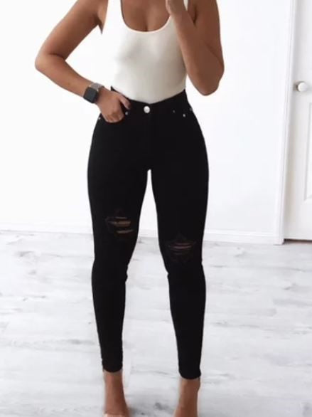 Stretch High Waist Jean With Rips - Black