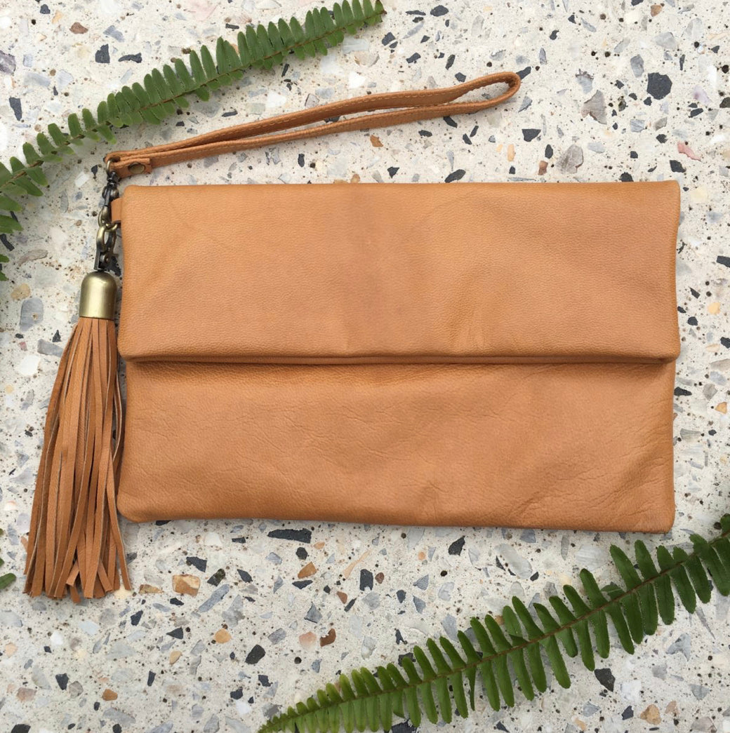 Fold & Tassel Clutch/Bag - Biscuit